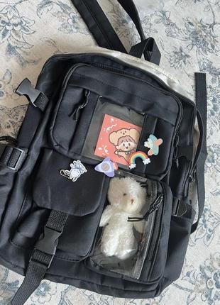 Рюкзак чорний із брелоком, значками, карткою в стилі haradjuku5 фото