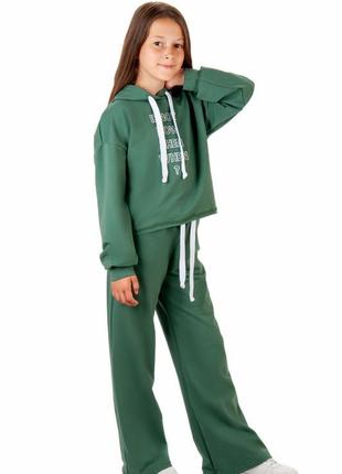Модный бежевый костюм для девочек подростков укороченное худи и широкие брюки палаццо, хвойный зеленый трендовый комплект кроп топ и брюки кюлоты клеш2 фото