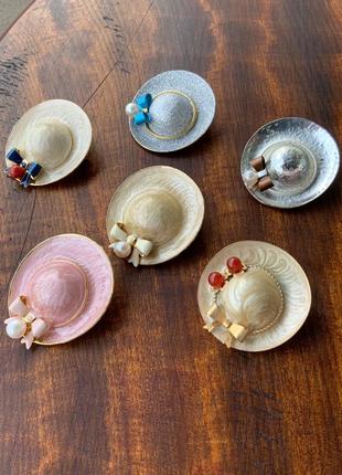 Брошь япония винтаж эмаль жемчужина коралл шляпка