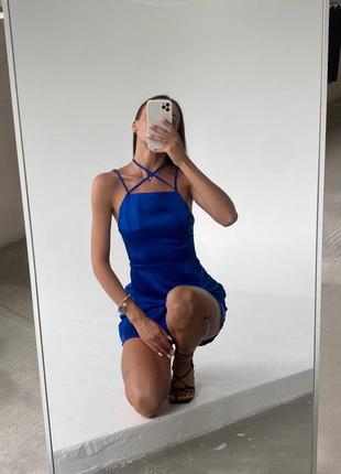Женское короткое шелковое синее электрик платье на завязках элегантный тренд 20235 фото