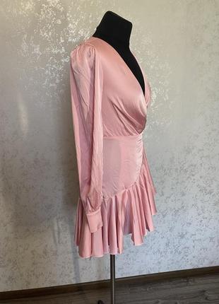 Коктейльна рожева сукня на запах з рукавами2 фото