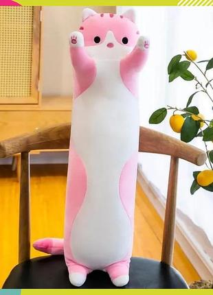 Большая мягкая игрушка 50 см плюшевая длинный кот батон котейка-подушка розовый цвет