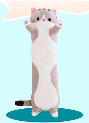 Велика м'яка іграшка 110 см плюшева довгий кот батон котейка-подушка сірий колір