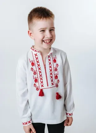 Класична українська лляна біла вишиванка для хлопчика, сорочка вишита хрестиком, дитячий одяг