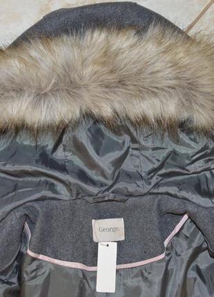 Брендовое серое пальто на молнии с меховым капюшоном и карманами george вьетнам этикетка4 фото