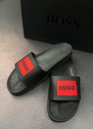 Чоловічі тапочки hugo boss чорні / брендові шльопанці для чоловіка7 фото
