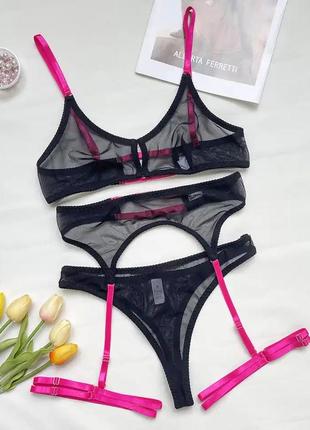 Сексуальна жіноча білизна комплект трусики ліф пояс гартери чорний з рожевим7 фото