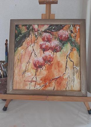 Картина маслом "заснеженная шиповник"