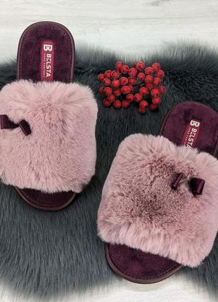 Тапочки женские меховые белста пудровые с открытым носком 26415 фото