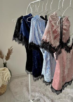 Нежный пудровый комплект майка и шорты велюр, пижама из махорного велюра, велюровый комплект для дома и сна5 фото