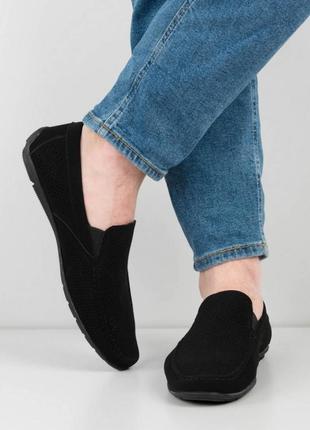 Стильные черные замшевые мужские туфли мокасины с перфорацией