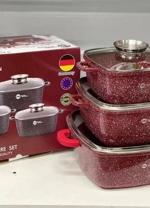 Набір каструль "crimsonstone" hk-302 красні з гранітним антипригарним покриттям higher kitchen