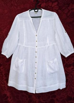 100% лён белая туника на пуговицах белоснежная длинная блузка рубашка льняная удлинённая блуза