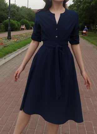 Платье миди темно синее с поясом5 фото