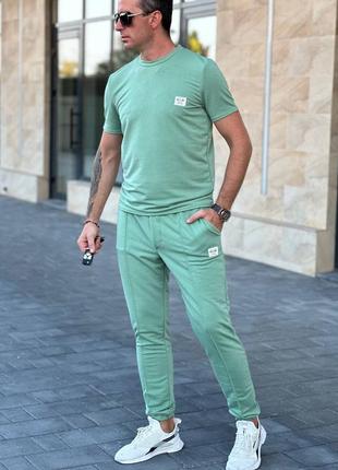 Стильный мужской спорт теплый удобный классный классический костюм повседневный модный спортивный штаны штанишки и футболка серый оливка