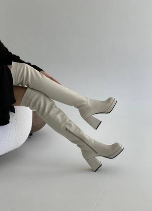 Хит продаж натуральные кожаные демисезонные ботфорты цвета айвори на флисе на каблуке2 фото
