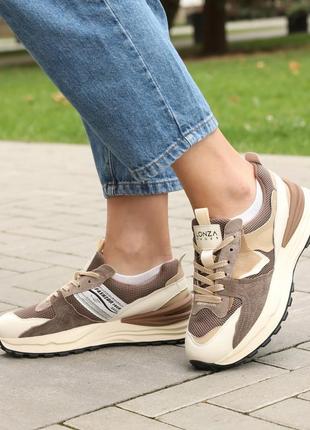 Стильные женские бежевые кроссовки весенние-осенние,кожа+замша,кожаные/кожа-женская обувь4 фото