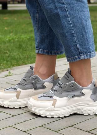 Стильные женские серо-бежевые кроссовки весенне-осенние, демисезон, экокожа,женская обувь