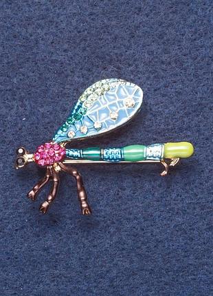 Брошь "стрекоза" цветная эмаль цвет металла золото 4х3см