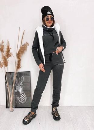 Костюм спортивный тройка тёплый штаны джоггеры свитшот худи толстовка джемпер кофта жилетка с мехом с капюшоном серый бежевый красный зелёный синий