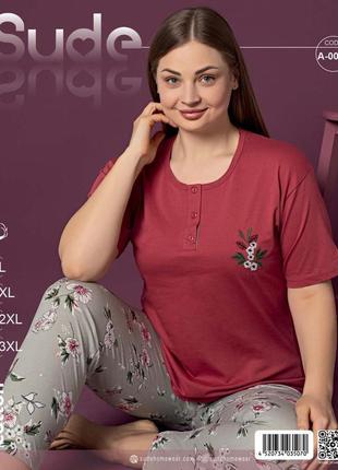 Женская тонкая хлопковая пижама полубатал штаны и футболка цветы sude турция, красный