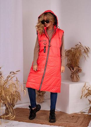 Удлиненный жилет на молнии с капюшоном лаке батал хаки белый черный зелёный шоколад...