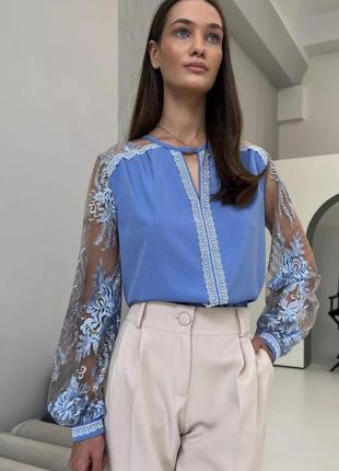 Гарна блузка з вишитими пишними рукавами сітка 44-50 розміри