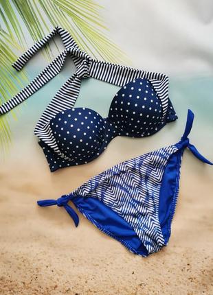 80d/dd, купальник, ліф 80 д/е peacocks, ущільнена чашка на кісточці, синій горох і смужка, плавки на зав'язках