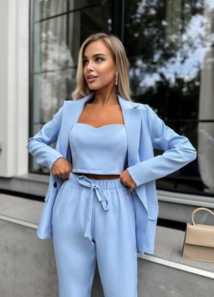 Голубой голубой классический костюм тройка 3-ка с брюками с брюками с жакетом с пиджаком с топом