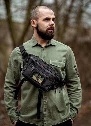 Сумка бананка черная тканевая через плечо нагрудная поясная сумка вместительная городска