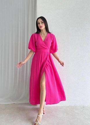 Жіноча малинова рожева барбі елегантна сучасна легка сукня на запах🤩 тренд 2023 льон