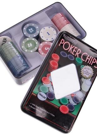 Фишки для покера в металлической коробке 100 фишек