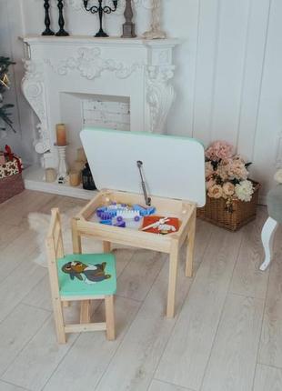 Дитячий стіл і стілець зелений. для навчання, малювання, гри. стіл із шухлядою та стільчик.10 фото