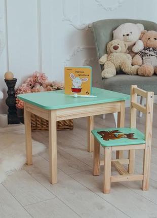 Стол и стул детский мятный. для учебы, рисования, игры. стол с ящиком и стульчик.10 фото