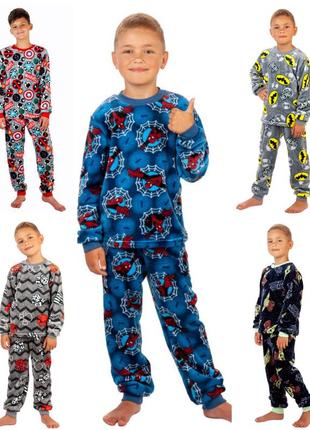 Махровая пижама детская бэтмен, теплая плюшевая пижама марвел, домашний теплый комплект велсофт спайдермен