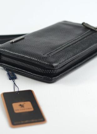 Шкіряний чоловічий чорний клатч гаманець на блискавці з кистьовою ручкою, сумка клатч з натуральної6 фото