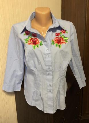 Голубая блуза рубашка с вышивкой цветы выливанка украина