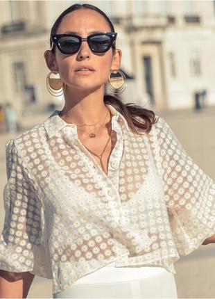Фантастическая блуза кроп с объемными рукавами принт ромашками от zara