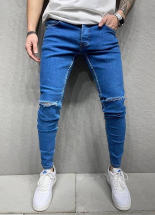Топ цена! мужские зауженные джинсы с рваными коленями стильные премиум