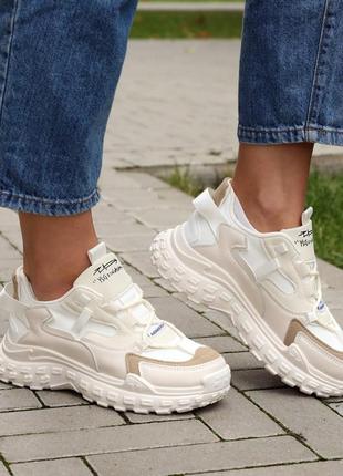 Стильные бежевые женские кроссовки весенние-осенние на толстой,грубой подошве, экокожа, женская обувь2 фото