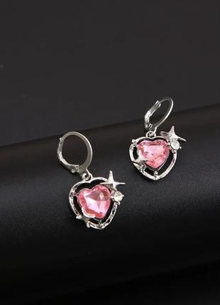 Серьги сердце розовое хрустальное3 фото
