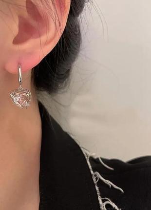 Серьги сердце розовое хрустальное2 фото