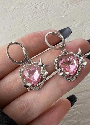 Серьги сердце розовое хрустальное