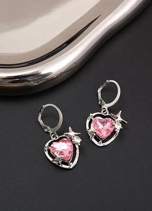 Серьги сердце розовое хрустальное5 фото