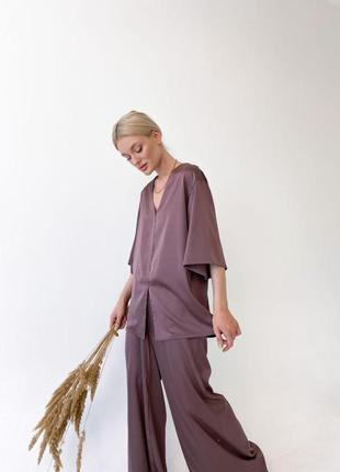 Пижама для дома и сна женская 2ка. брюки палаццо и рубашка. ткань армани-шелк.6 фото