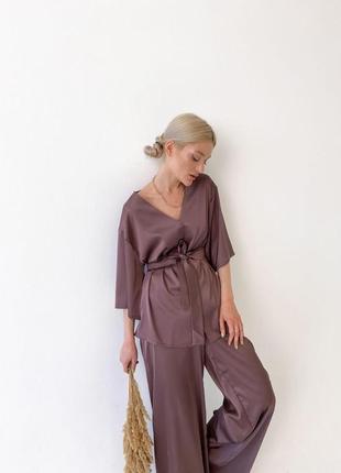 Пижама для дома и сна женская 2ка. брюки палаццо и рубашка. ткань армани-шелк.9 фото