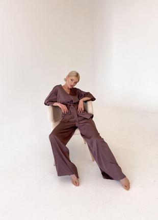 Пижама для дома и сна женская 2ка. брюки палаццо и рубашка. ткань армани-шелк.5 фото