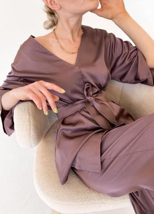Пижама для дома и сна женская 2ка. брюки палаццо и рубашка. ткань армани-шелк.3 фото