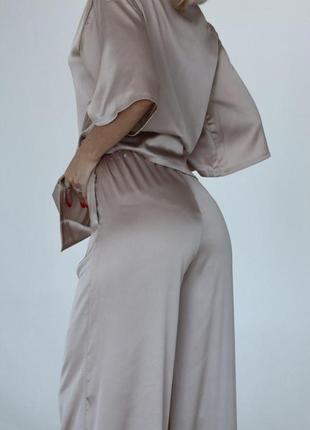 Пижама для дома и сна женская 2ка. брюки палаццо и рубашка. ткань армани-шелк.7 фото