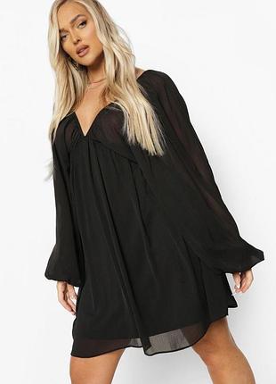 Чорна коротка сукня з декольте та довгим широким рукавом boohoo 🛍️1+1=3🛍️